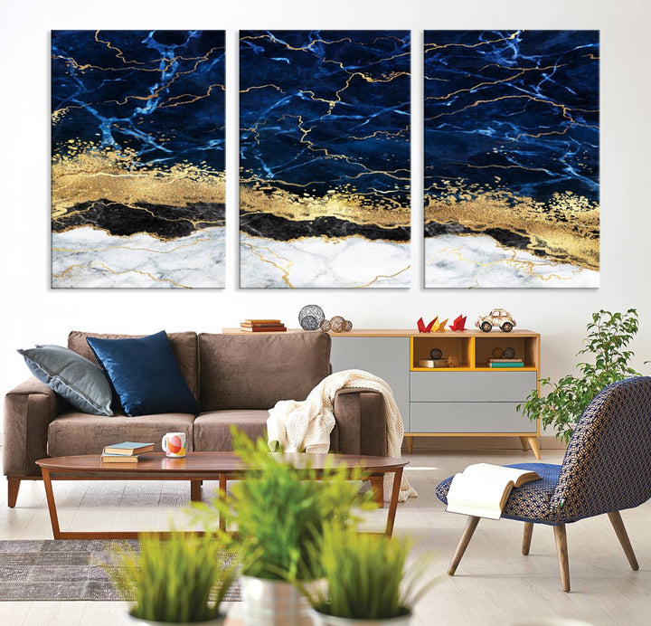 Navy Blue Marble Fluid Effect Canvas Wall Art, featuring a gold and white abstract design, adds a finishing touch to your modern kitchen decor.