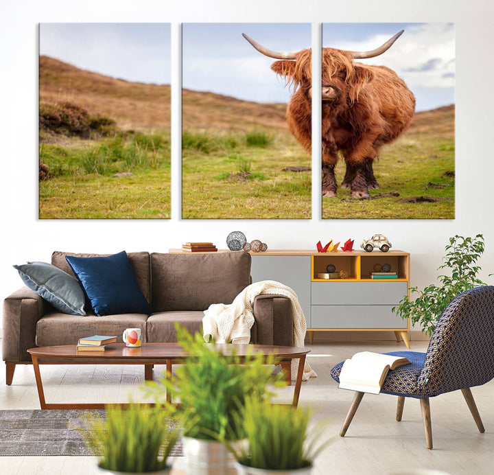 A Highland Cow Animal Canvas Wall Art hangs on the wall, adding warmth to the room.