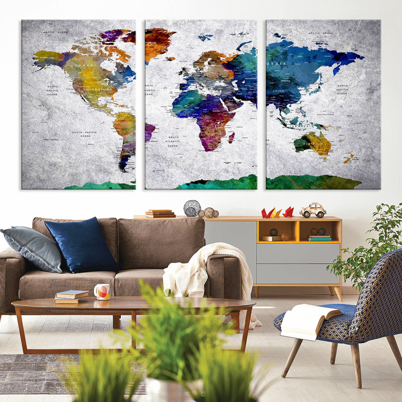 MGV-CV-60X30-3P - Push Pin World Map Canvas Print – Framed Wall Art for Couples to Track Their Travels – Anniversary