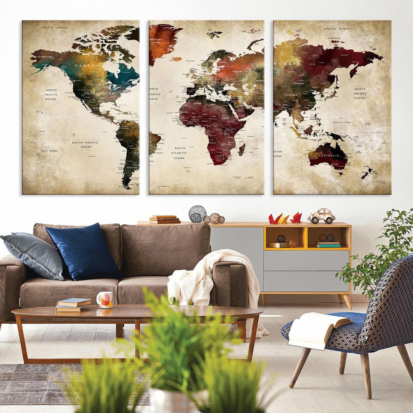 MGV-CV-60X30-3P - Large World Map Wall Art Canvas Print, Framed Push Pin Map Art Picture Print, Abstract Traveller Map Perfect Modern Decor Artwork