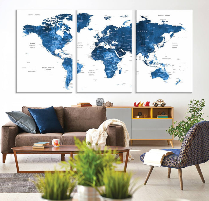 Navy Blue Wall Art World Map Canvas Print, an ideal piece for anyone seeking unique home or office decor.