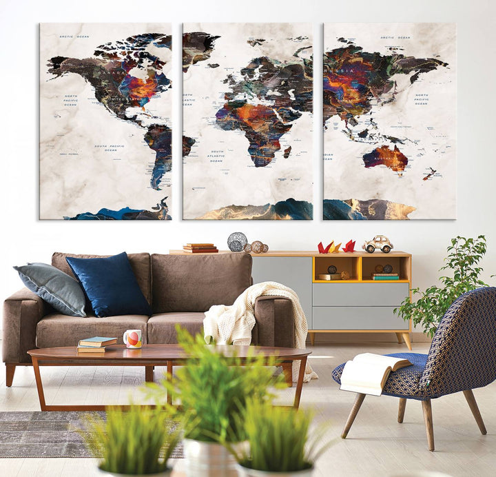 Watercolor World Map Canvas Print in earthy hues with a grunge background, ideal for wall decor.