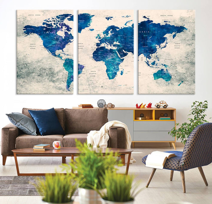 Navy Blue Push Pin World Map Canvas Print featuring a grunge-stained background, with labeled countries and oceans.