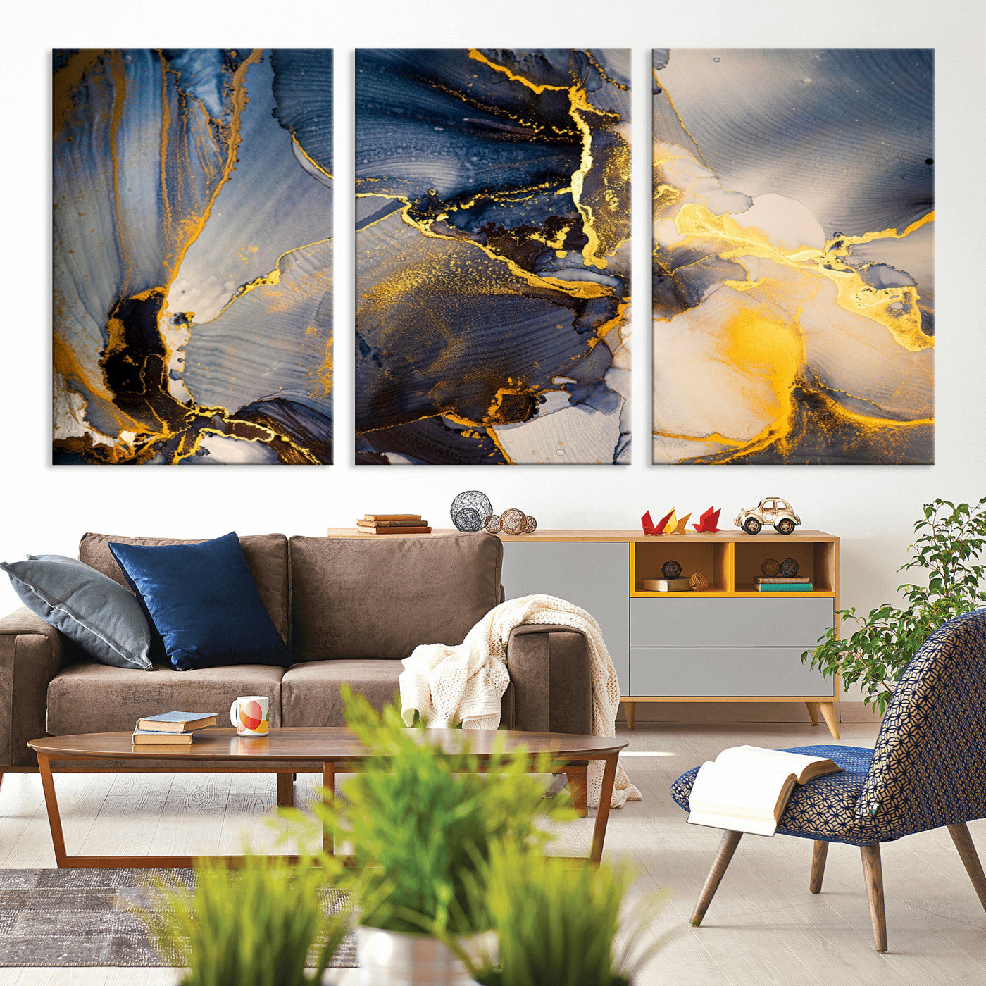 42100-MGV-CV-36X24-Large Abstract Wall Art Print - Gold and Blue Abstract Canvas Wall Art | Fluid Ink Modern Luxury Wall Decor for Living Room Decor