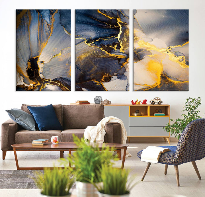 Large Abstract Wall Art Print - Gold and Blue Abstract Canvas Wall Art | Fluid Ink Modern Luxury Wall Decor for Living Room Decor