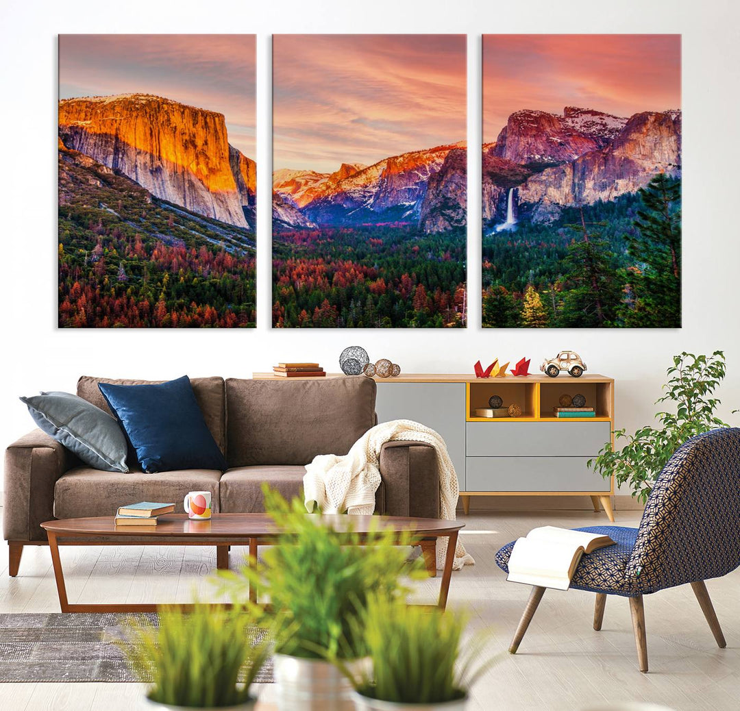 An El Capitan Yosemite Canvas showcasing a sunset over a mountain valley.