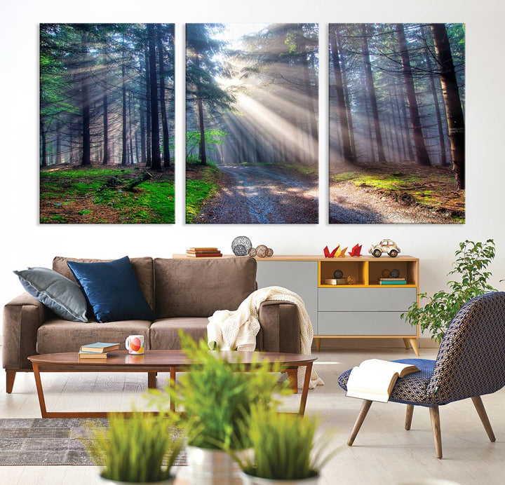 The dining area features a 3-panel Forest Path Canvas showcasing sun rays filtering through a misty forest.