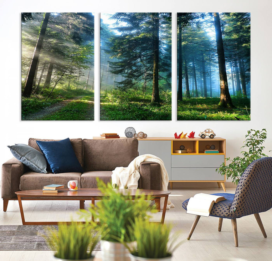 Enhancing the space is the Forest Sun Shine wall art canvas print, showcasing a serene forest scene.