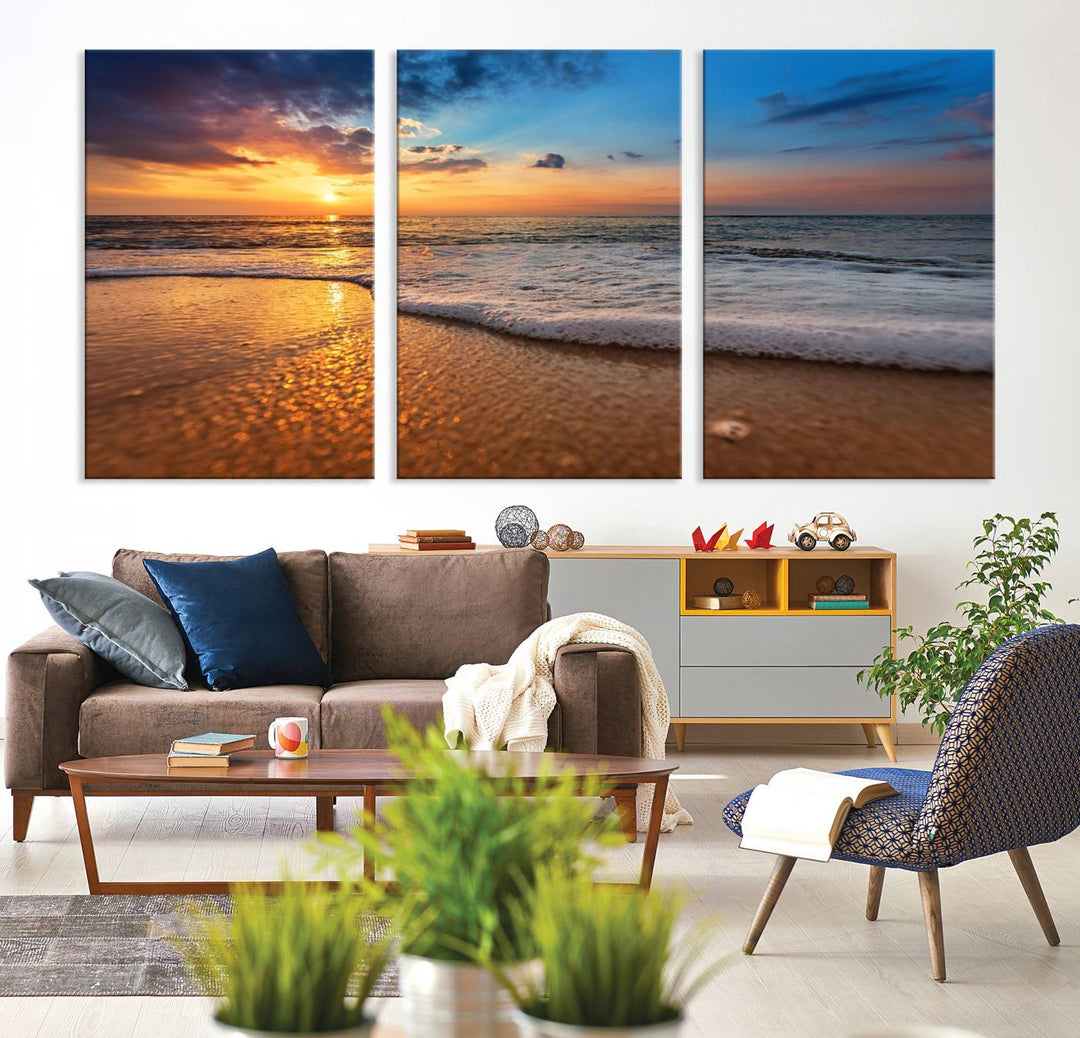 The Golden Sunset Beach Waves Triptych adds a modern coastal touch with its stunning seascape.