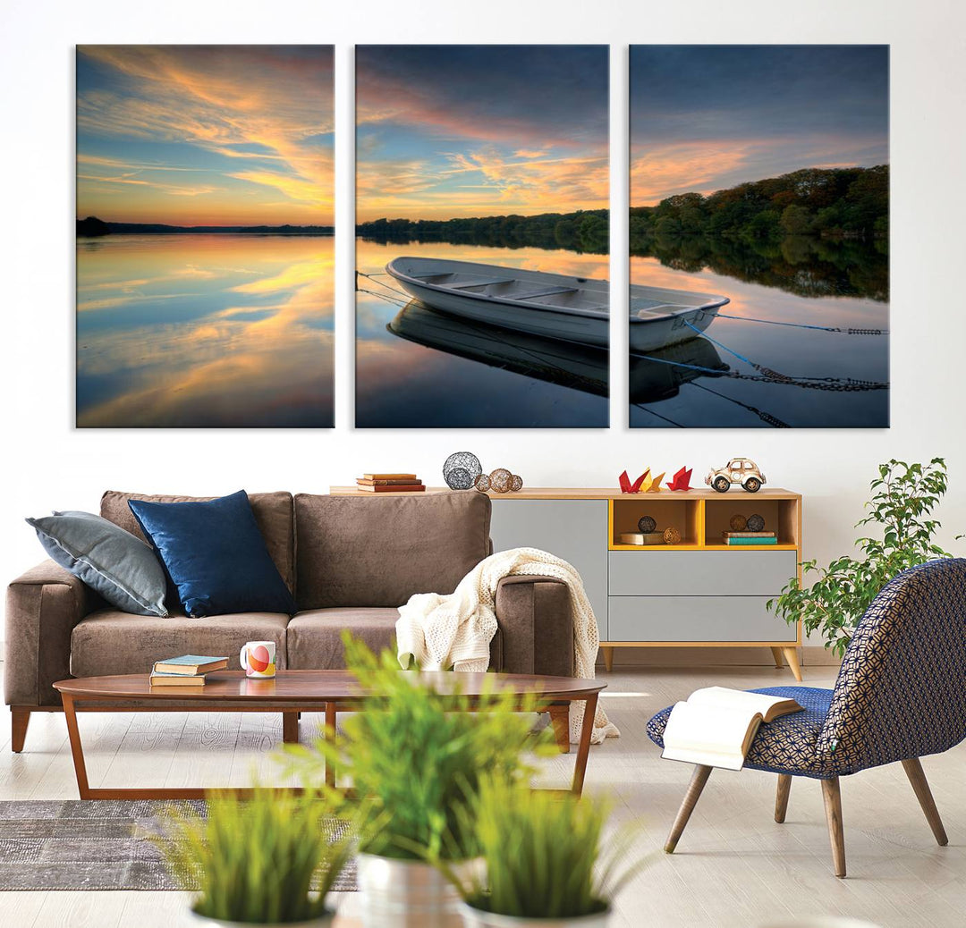 Serene Rowboat on Calm Lake Triptych Canvas Art, Giclee Wall Art of Peaceful Sunset Reflections, Tranquil Landscape Wall Art for Home or Office