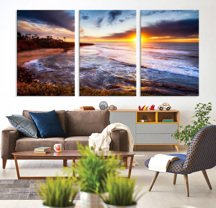 California Coastline Sunset Canvas Art, Ocean Waves Crashing on Cliffs, Giclee Canvas Print for Beach House Decor