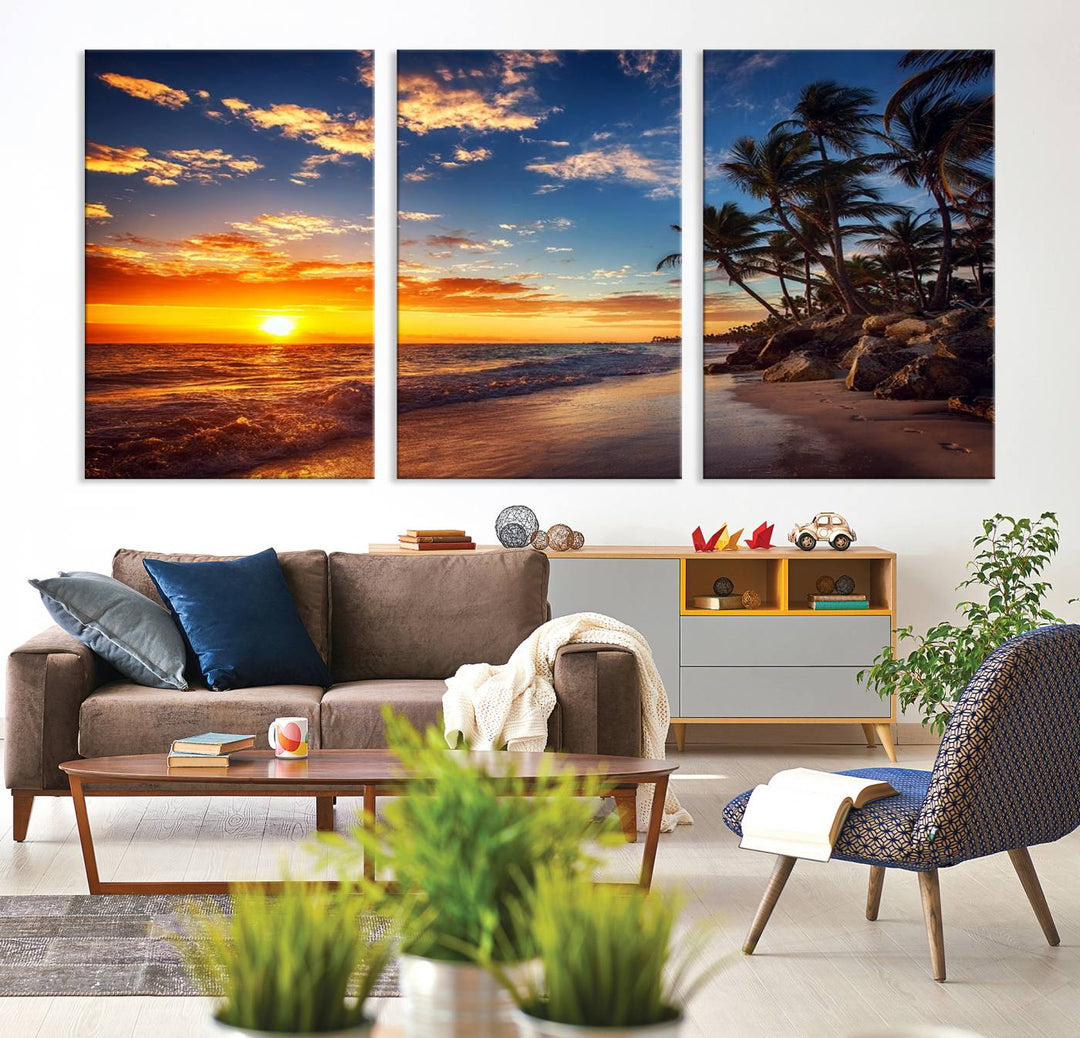 Tropical Beach Sunset Canvas Art, Palm Trees and Ocean Waves Wall Art, Giclee Print for Coastal Home Decor