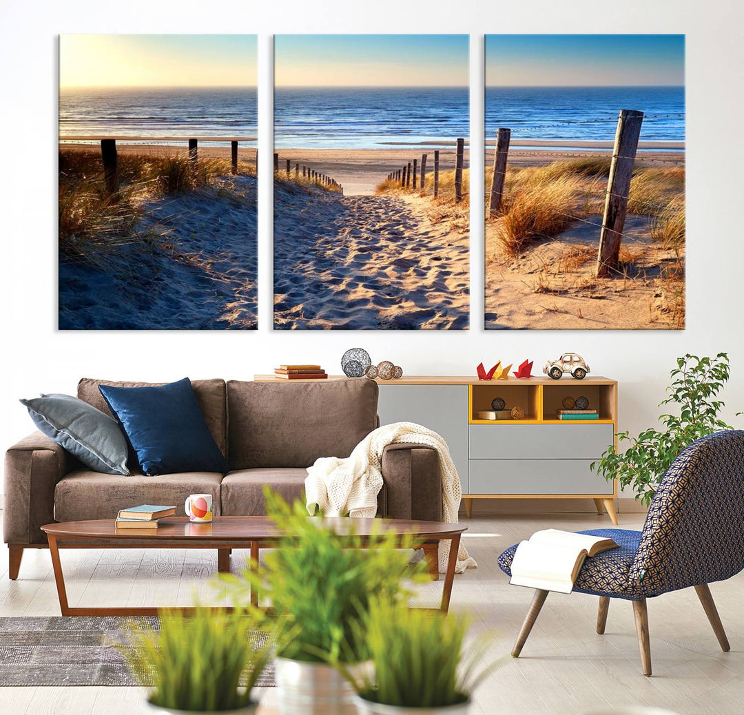 Tropical Beach Sunset Canvas Art, Ocean Waves and Sandy Shoreline Wall Art, Large Beach Decor for Coastal Homes