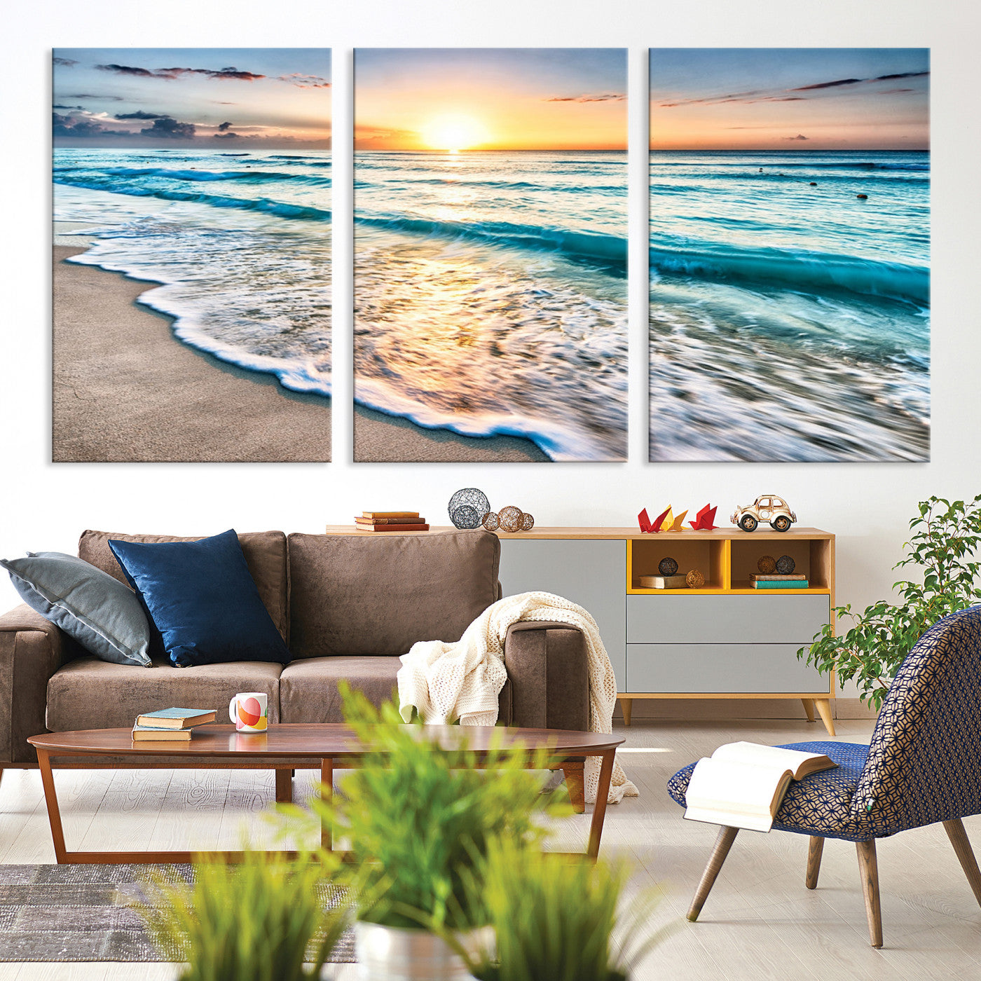 27815-MGV-CV-36X24-Sunset Beach Waves Canvas Wall Art – 5-Panel Ocean Sunset Print – Coastal Decor for Living Room or Bedroom – Ready to Hang