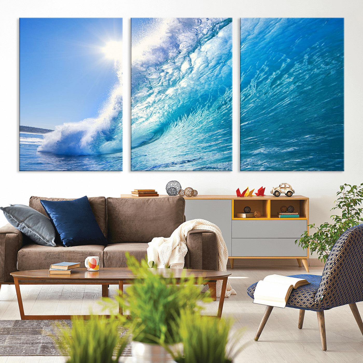 MGV-CV-60X30-3P - Blue Big Wave Surfing Ocean Canvas Wall Art Artwork Print , Surf Wall Art, Sea Wall Art