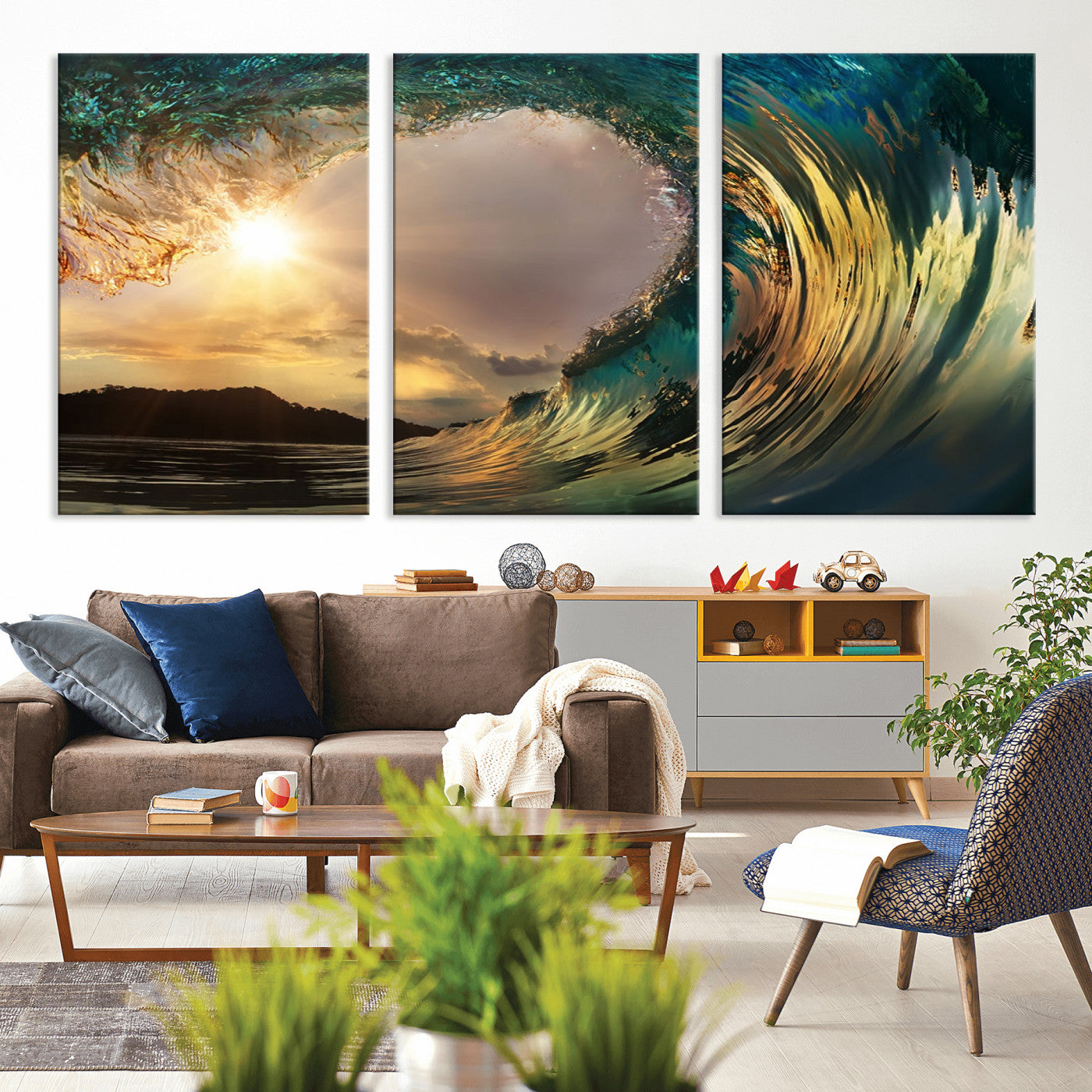 MGV-CV-60X30-3P - Golden Wave Sunset Giclee Canvas Print – Large Coastal Wall Art for Nature Lovers, Captivating Ocean Wave Decor