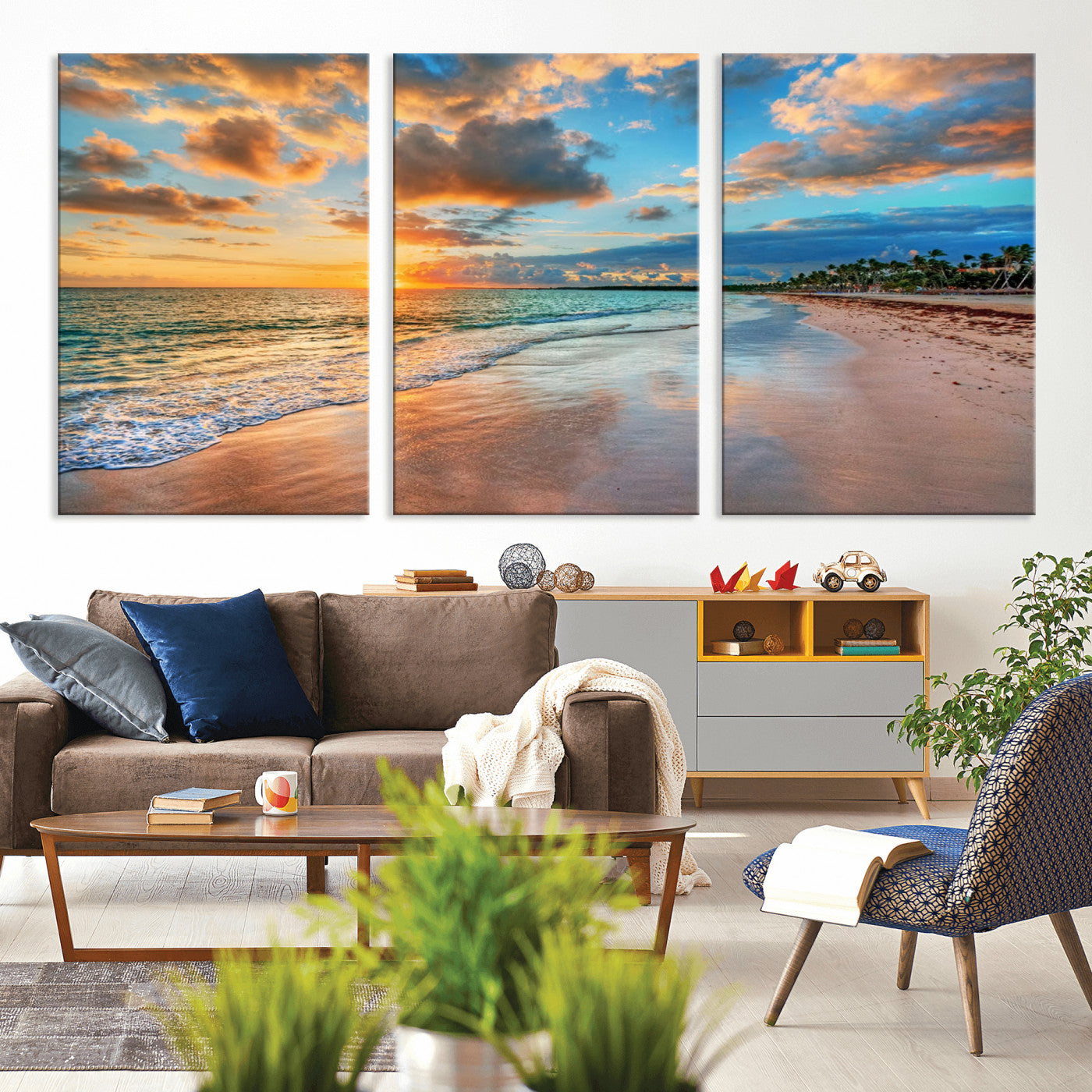 MGV-CV-60X30-3P - Sunset Ocean Waves on Tropical Beach, 3-Panel Giclee Canvas Art for Coastal Home Decor, Vibrant Palm-Lined Shore