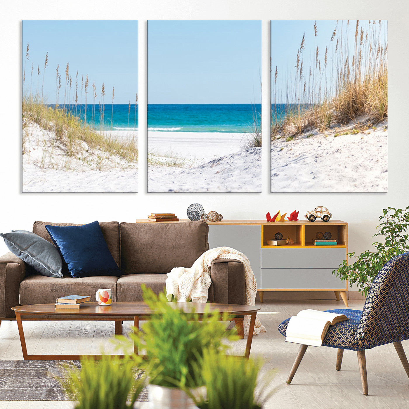 MGV-CV-60X30-3P - Serene Coastal Dune Path with Ocean View, 3-Panel Beach Canvas Wall Art, Tranquil Seascape Giclee Print, Gallery Wrap, Perfect for Coastal Home Decor