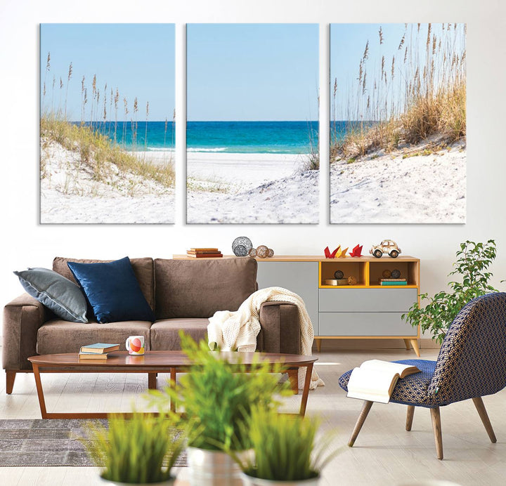 Serene Coastal Dune Path with Ocean View, 3-Panel Beach Canvas Art; tranquil seascape for coastal decor.