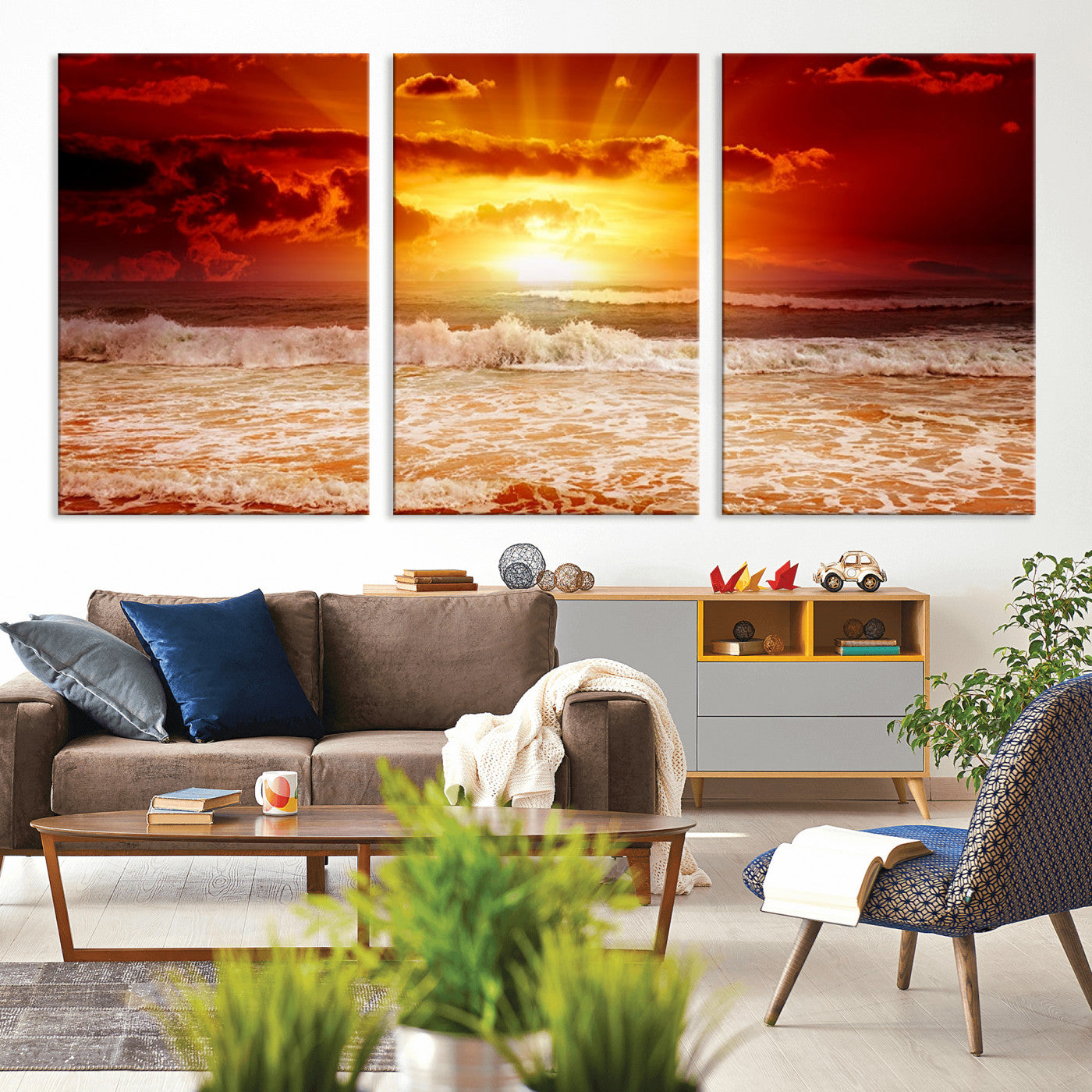 MGV-CV-60X30-3P - Red Sunset Ocean Beach Canvas Wall Art Beach Canvas, Coastal Sunset Print