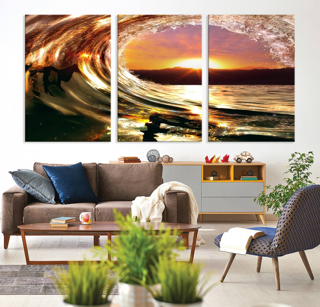 The Golden Wave Sunset Triptych Canvas Art showcases an ocean wave at sunset, casting warm light.