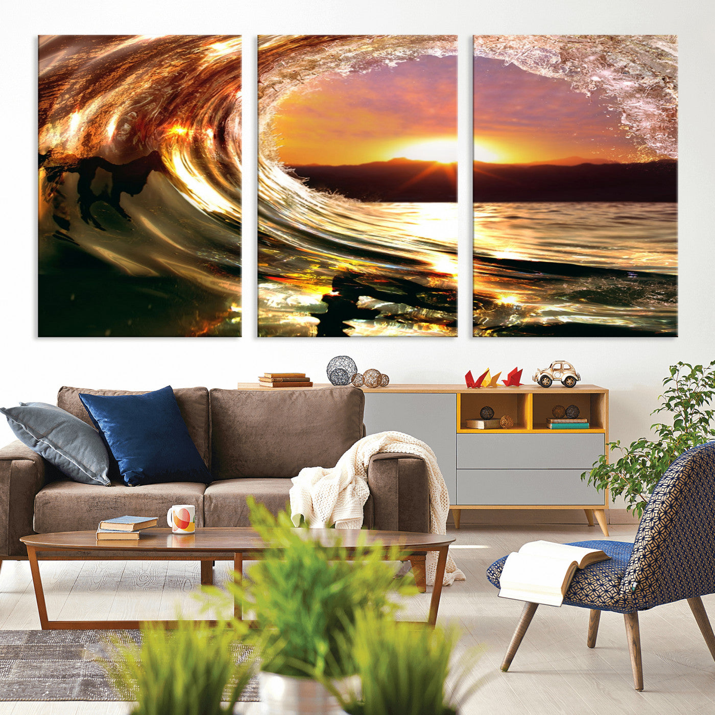 MGV-CV-60X30-3P - Golden Wave Sunset Triptych Canvas Art, Giclee Canvas Print of Ocean Wave and Sunset, Framed Ocean