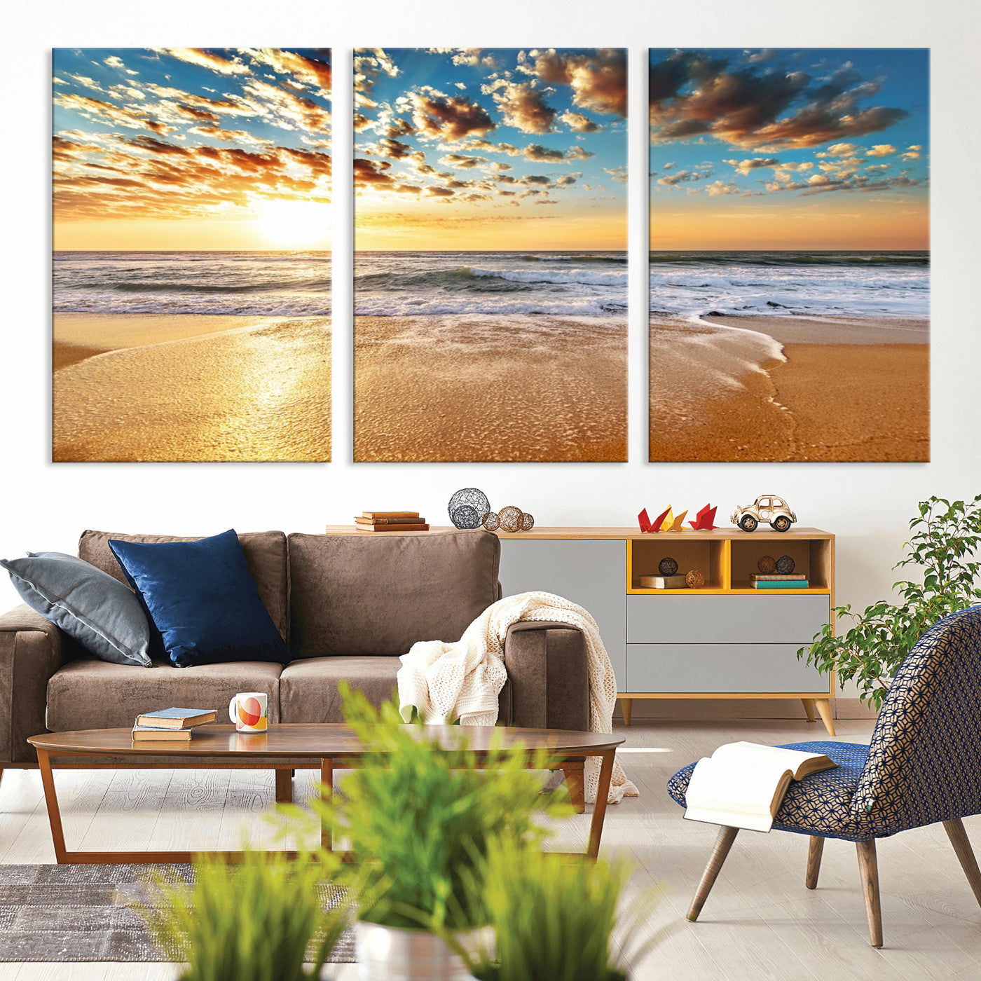 MGV-CV-60X30-3P - Golden Sunset Beach Print Canvas Wall Art, Giclee Canvas Print with Canon Print Quality, Triptych
