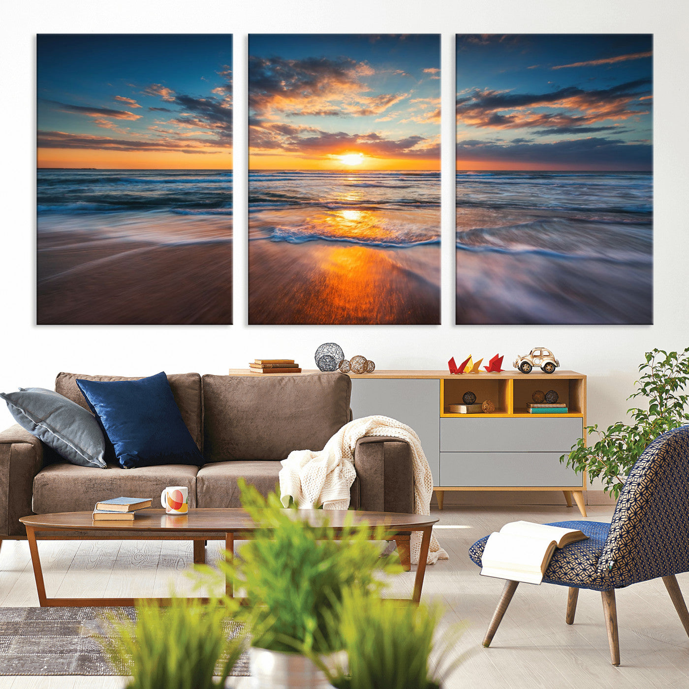 MGV-CV-60X30-3P - Sunset on the Ocean Beach with Waves, Reflections on Sand, Coastal Wall Art Print, Beach Wall Art,