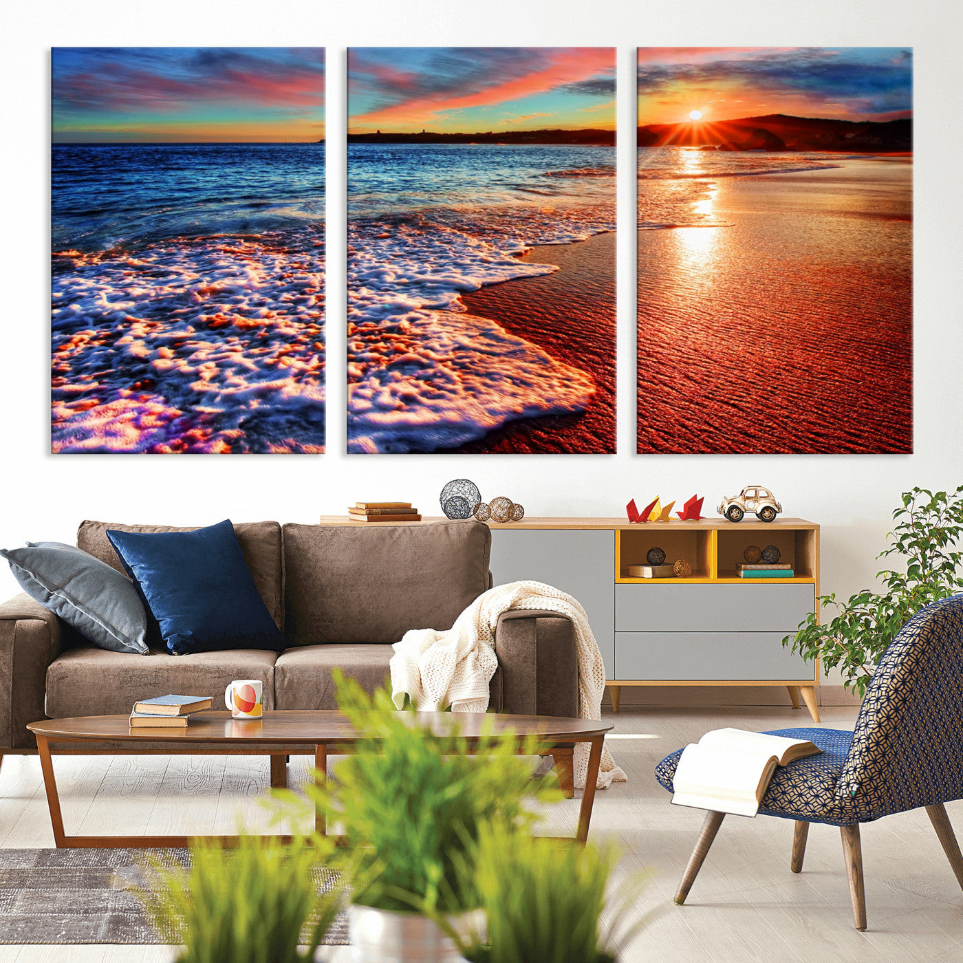 MGV-CV-60X30-3P - Colorful Coastal Sunset on the Beach Canvas Print, Ocean Waves Crashing at Dusk, Multi-Panel Seascape Vibrant Coastal Wall Art Canvas Print