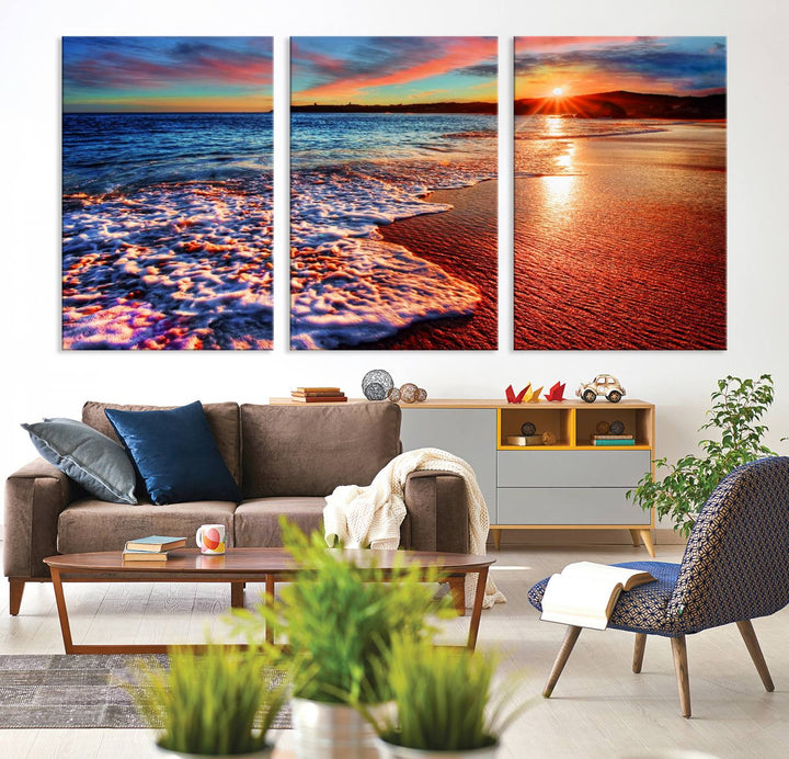 The Colorful Coastal Sunset on the Beach canvas print portrays ocean waves at dusk.