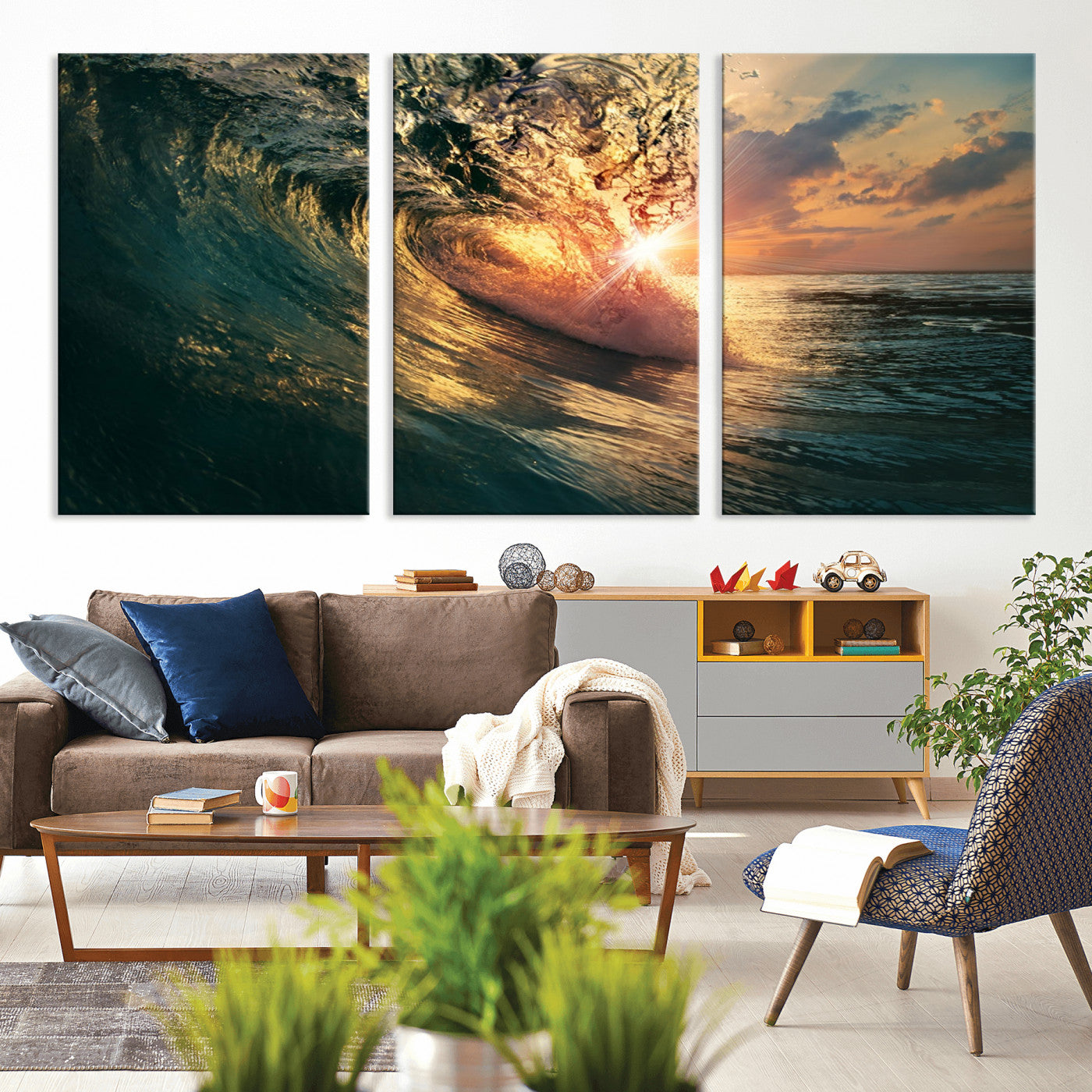 MGV-CV-60X30-3P - Ocean Wave Sunset Canvas Wall Art – Triptych Seascape Print – Framed and Ready to Hang for Living Room or Office