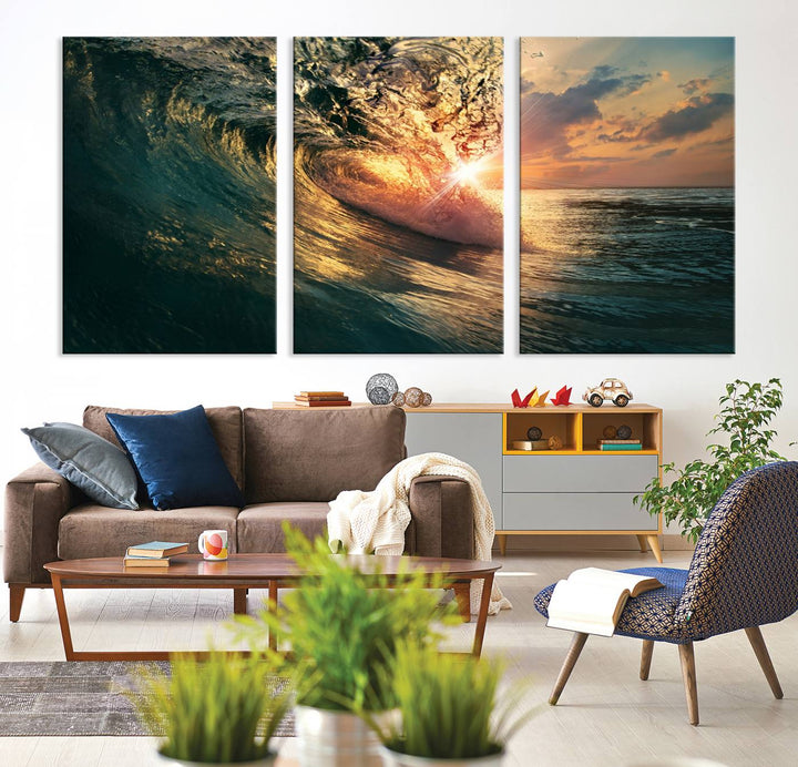 A triptych seascape titled Ocean Wave Sunset Canvas, featuring a stunning ocean view at sunset, is beautifully framed and ready to hang.