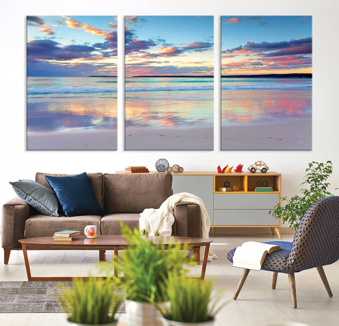 Tranquil Pastel Sunset Beach Triptych Canvas Art, Soothing Coastal Ocean Shoreline Giclee Print, Beach Reflections Wall Decor for Serene Spaces