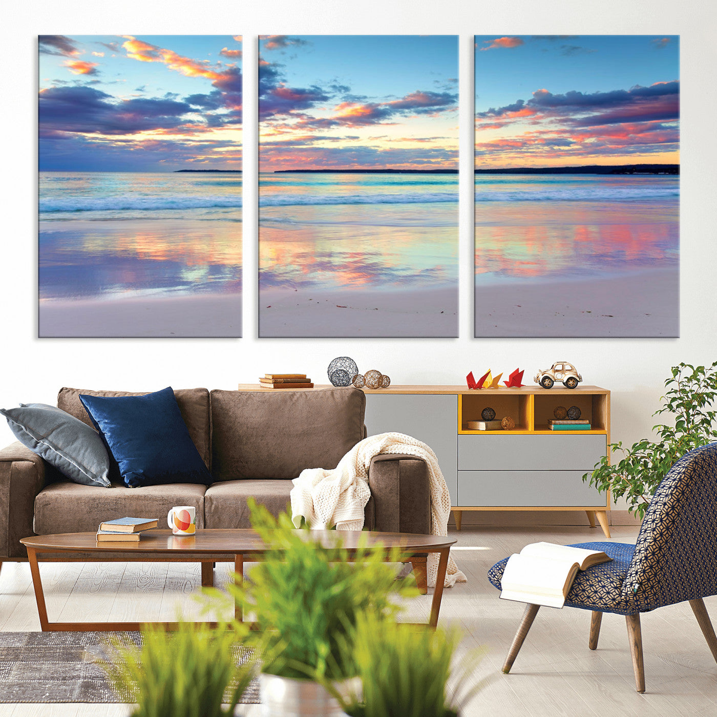 MGV-CV-60X30-3P - Tranquil Pastel Sunset Beach Triptych Canvas Art, Soothing Coastal Ocean Shoreline Giclee Print, Beach Reflections Wall Decor for Serene Spaces