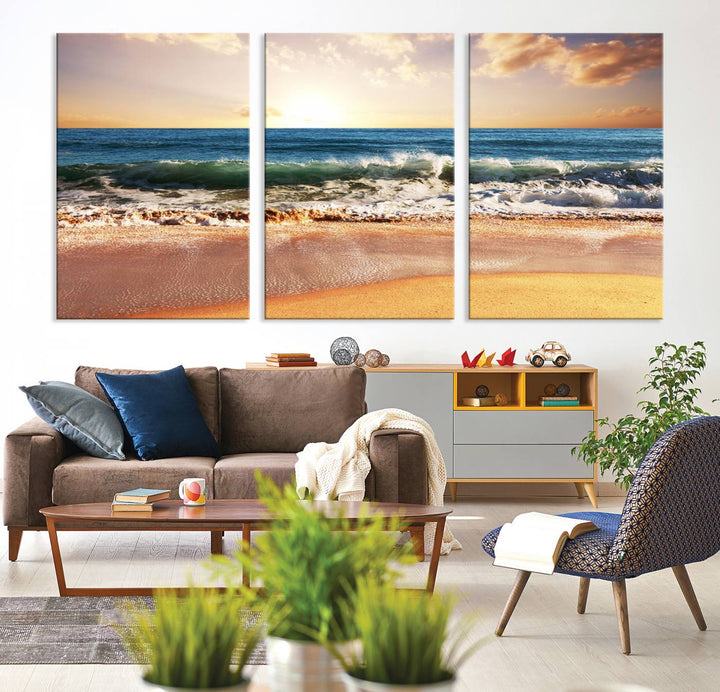 The wall features a Canon-quality Serene Beach Path canvas giclee print, depicting coastal dunes.