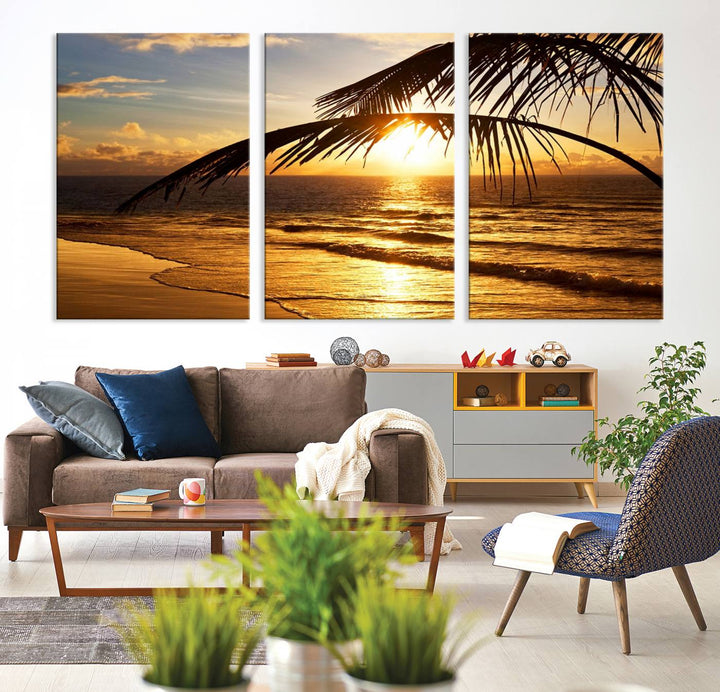 Golden Tropical Beach Sunset Canvas Triptych: Coastal Palm Art & Giclee Print with Gallery Wrap, capturing golden waves.