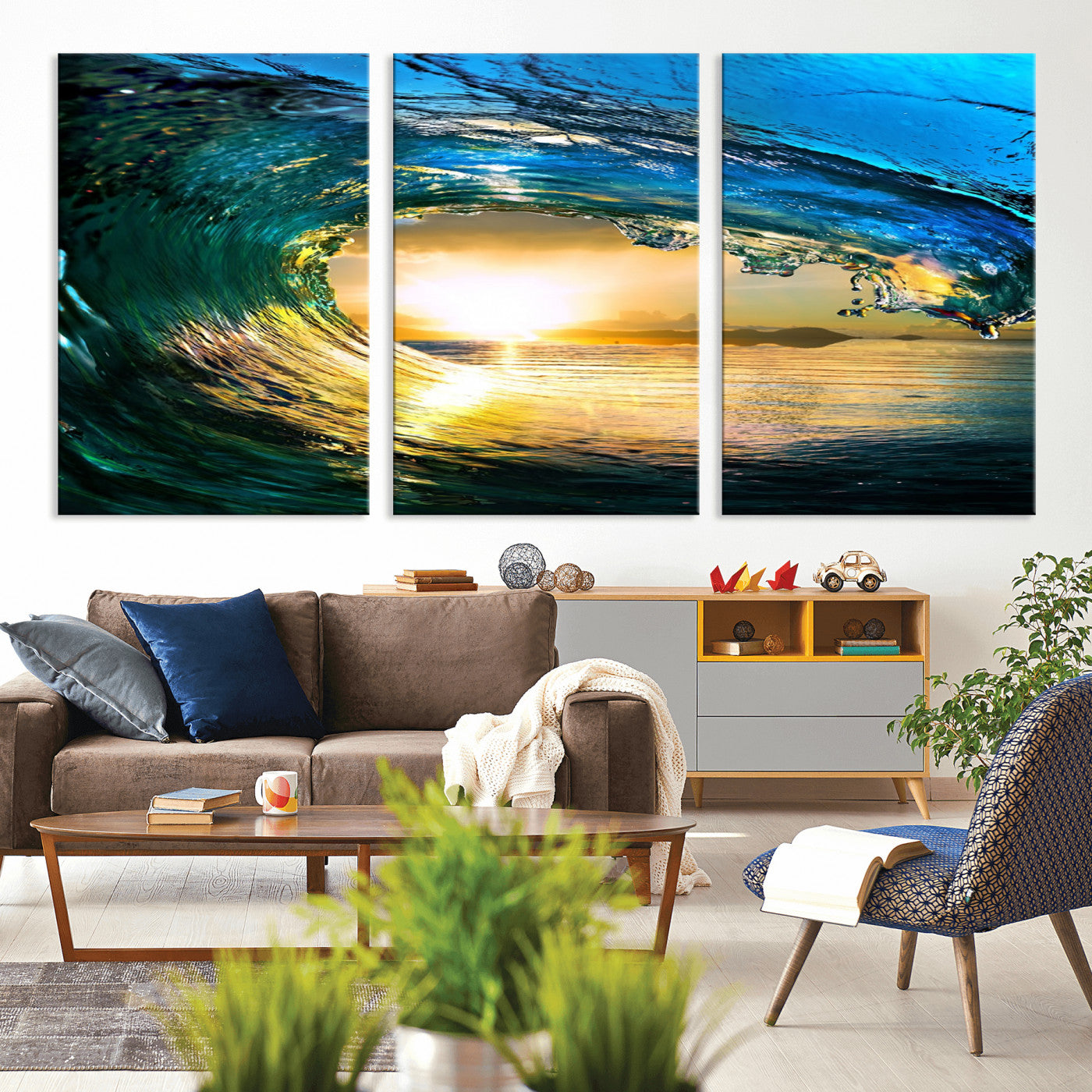 MGV-CV-60X30-3P - Ocean Wave at Sunset Canvas Art, Large Wall Print of Vibrant Water Waves, Coastal Art for Living Room and Dining Room