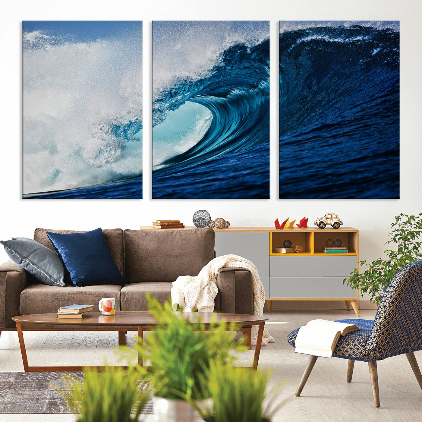 MGV-CV-60X30-3P - Ocean Wave at Sunset Canvas Art, Large Wall Print of Vibrant Water Waves, Coastal Art for Living Room and Dining Room Decor