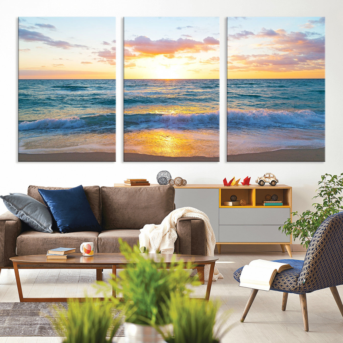 MGV-CV-60X30-3P - Ocean Sunset Triptych Canvas Wall Art, Giclee Beach Sunset Print with Gentle Waves, Coastal Art for Relaxation Spaces