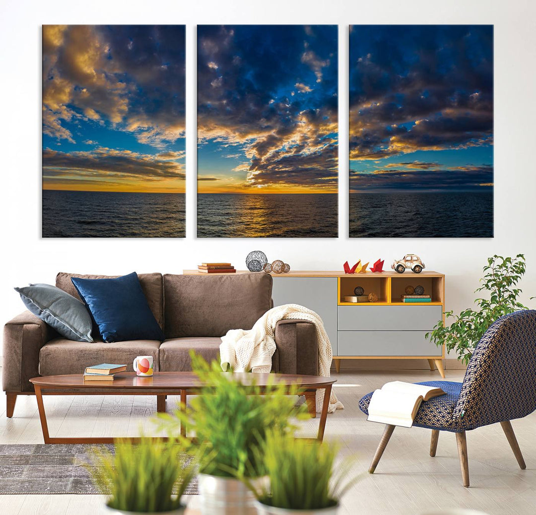 Dramatic Ocean Sunset Canvas Art, Panoramic Seascape Wall Art, Giclee Canvas Print with Canon Quality for Coastal Decor