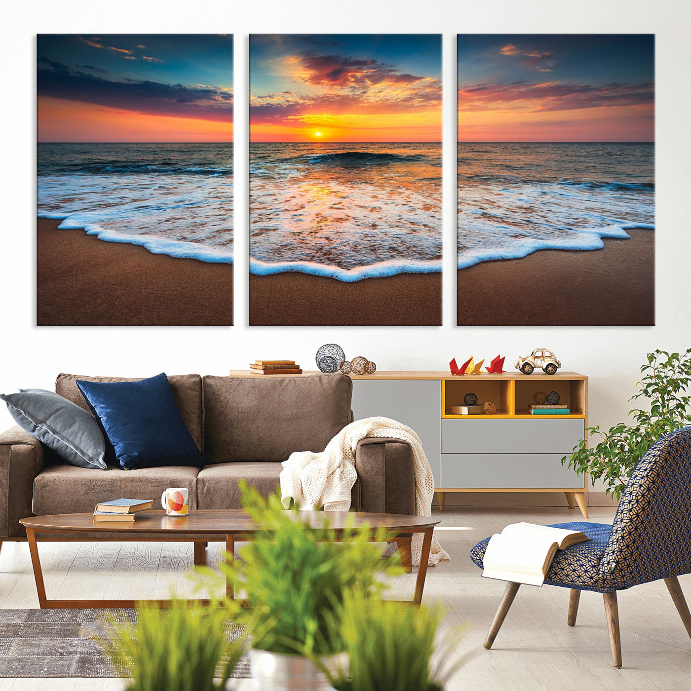 MGV-CV-60X30-3P - Sunset Beach Canvas Wall Art – Colorful Ocean Waves Triptych – Coastal Decor for Living Room or Bedroom – Framed and Ready to Hang