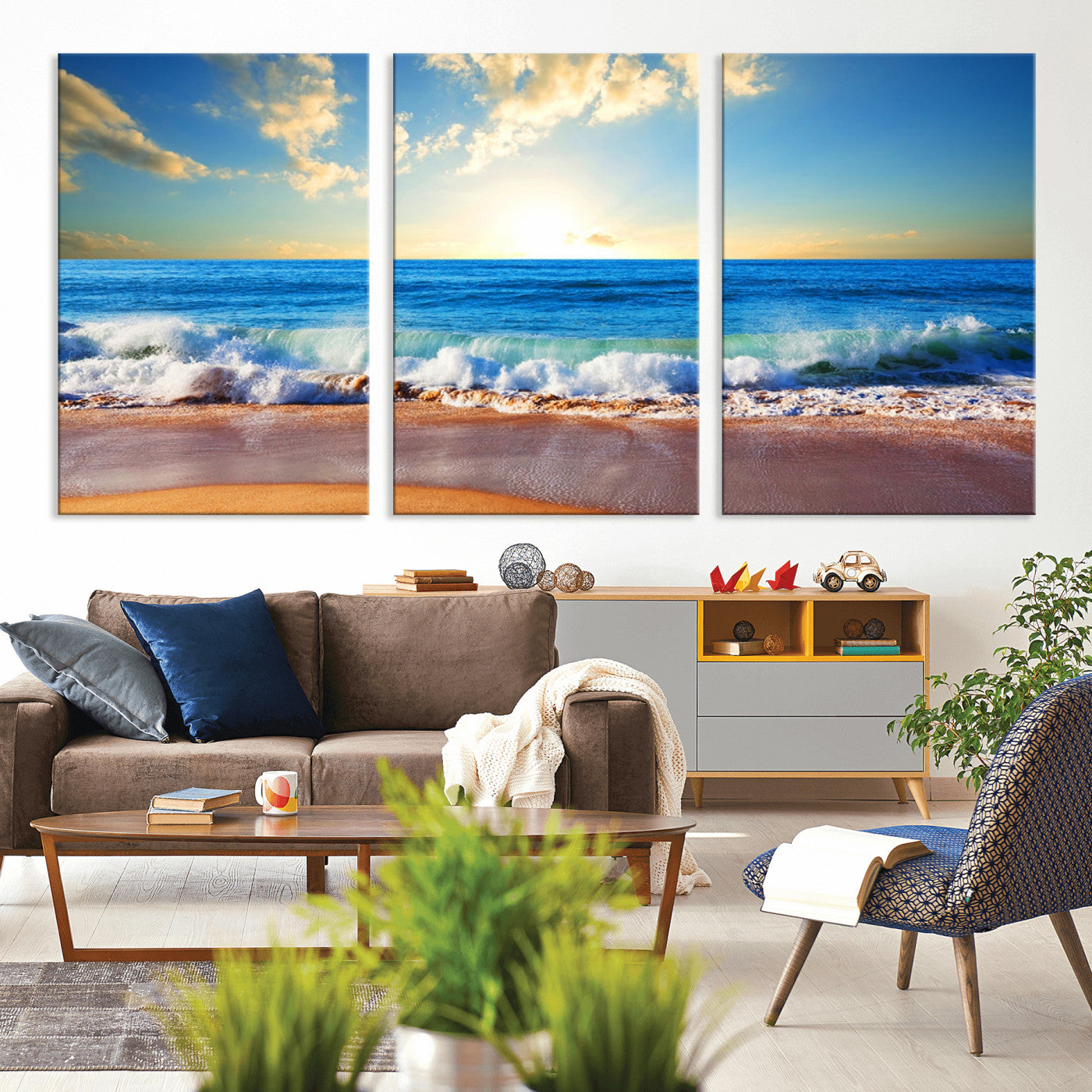 MGV-CV-60X30-3P - Tropical Beach Sunset Canvas Art, Ocean Waves and Sandy Shoreline Wall Art, Large Beach Decor for Coastal Homes