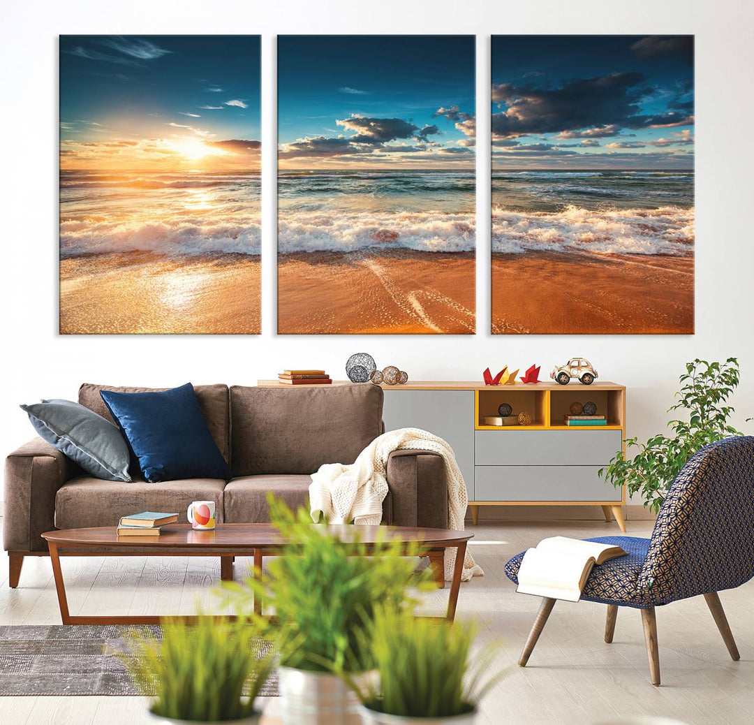 A Golden Sunset Beach Triptych Canvas Art hangs on a white wall.