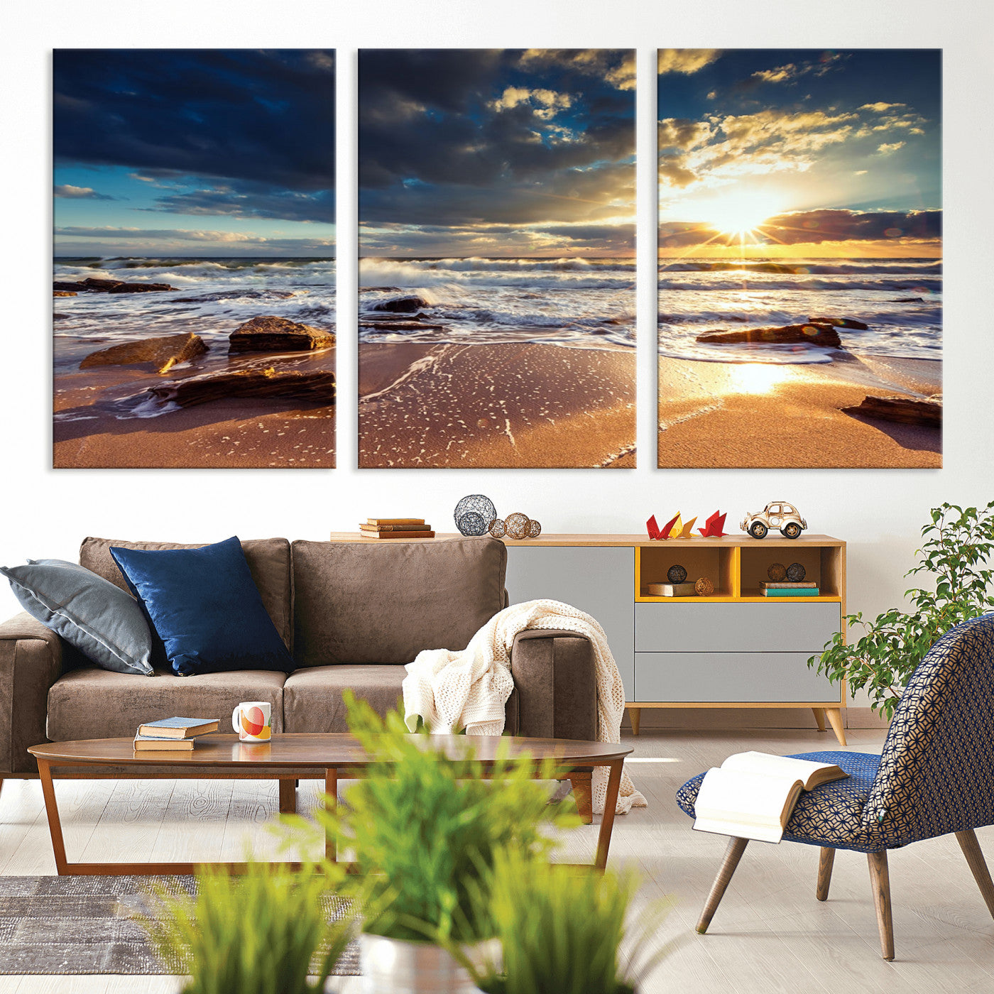 MGV-CV-60X30-3P - Golden Hour Beach Sunset Canvas Triptych, Ocean Waves and Rocks Wall Art for Coastal Home Decor