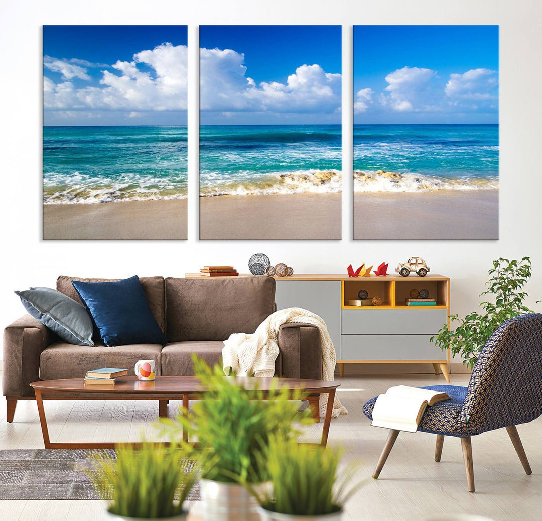 Tropical Beach 3-Panel Canvas Wall Art – Serene Ocean Waves and Blue Sky – Giclée Print for Living Room, Office, or Bedroom Coastal Decor