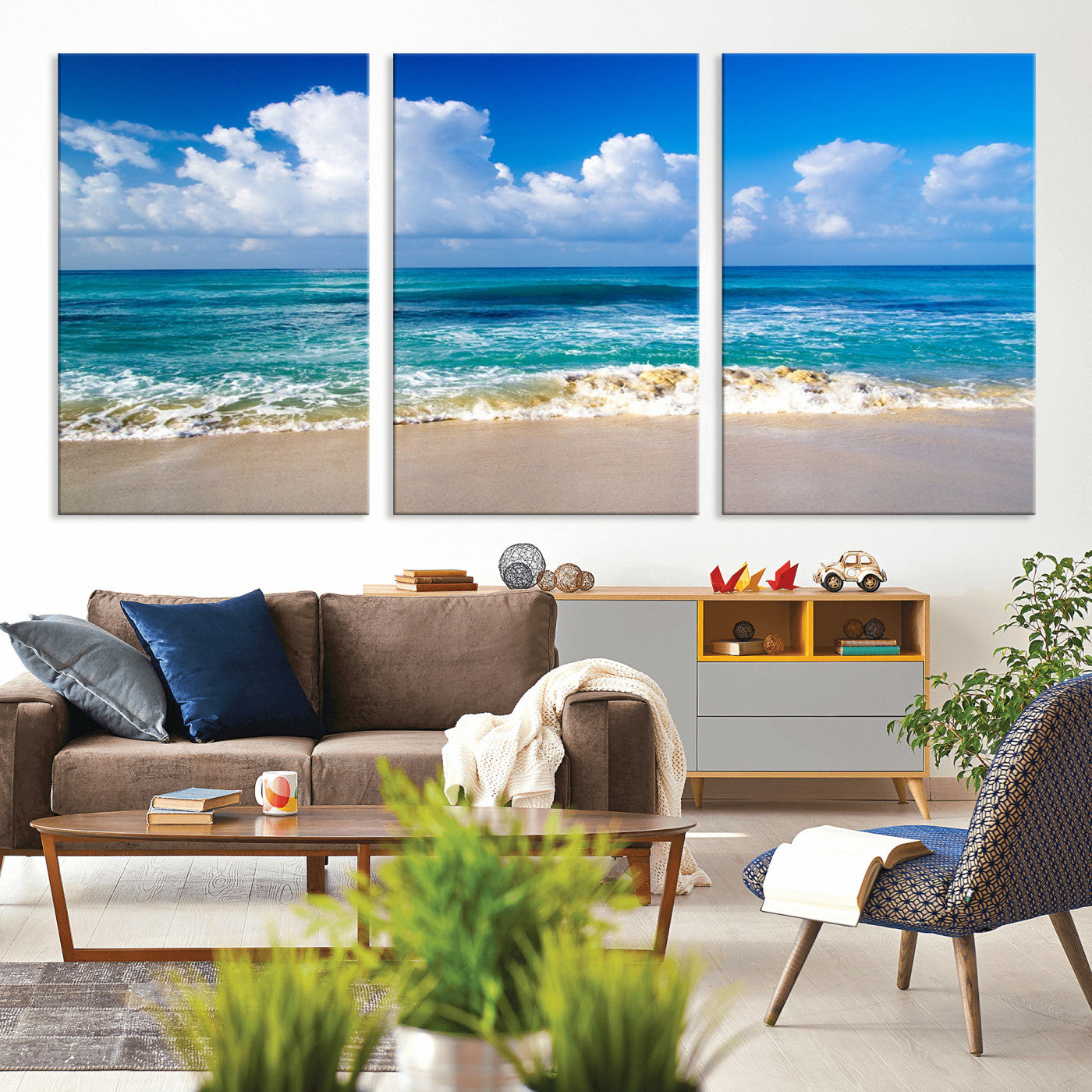MGV-CV-60X30-3P - Tropical Beach 3-Panel Canvas Wall Art – Serene Ocean Waves and Blue Sky – Giclée Print for Living Room, Office, or Bedroom Coastal Decor