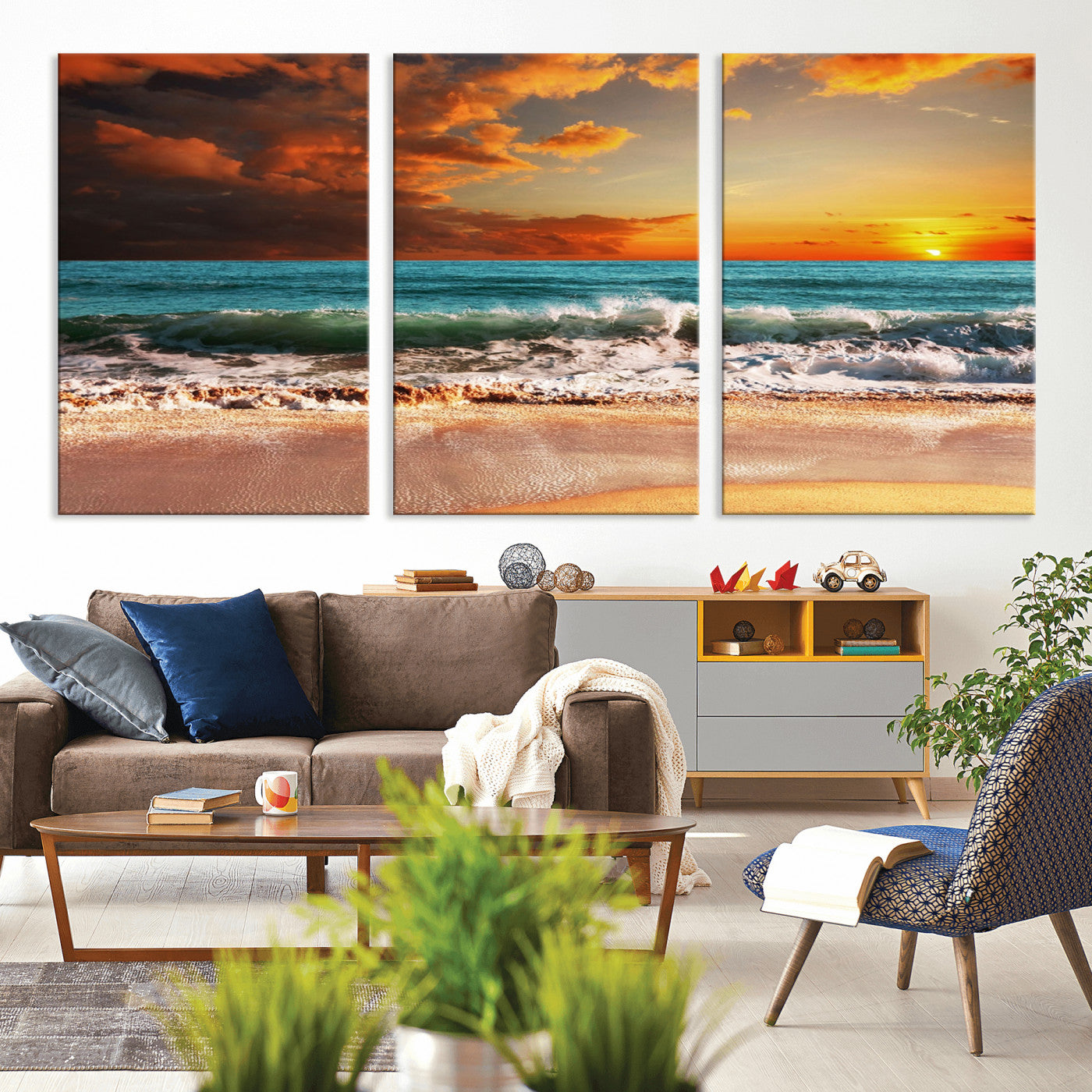 MGV-CV-60X30-3P - Golden Sunset Beach Canvas Wall Art – Triptych Seascape Print – Framed and Ready to Hang for Living Room or Office