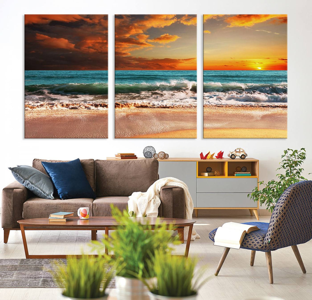 A Golden Sunset Beach triptych seascape canvas hangs on the wall.