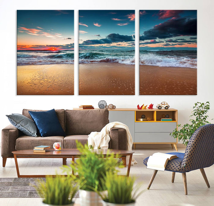 Sunset on Beach Wall Art: Waves under a vibrant sky. Crafted on museum-quality canvas, ready to hang and admire.