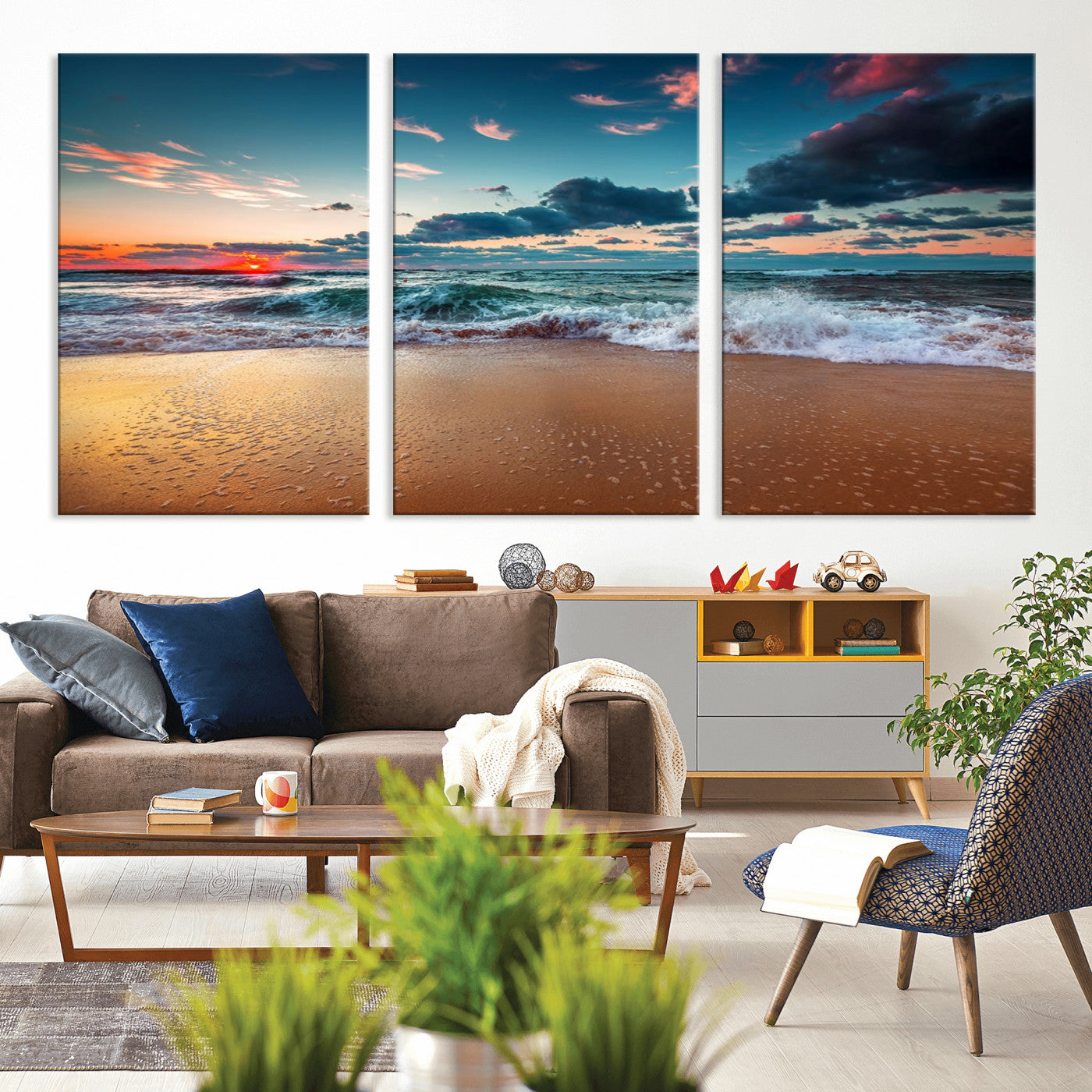 MGV-CV-60X30-3P - Sunset Ocean Beach Wall Art – Giclee Canvas Print, Coastal Seascape, Ready to Hang, Beach Decor, Large 3-Panel Set for Living Room